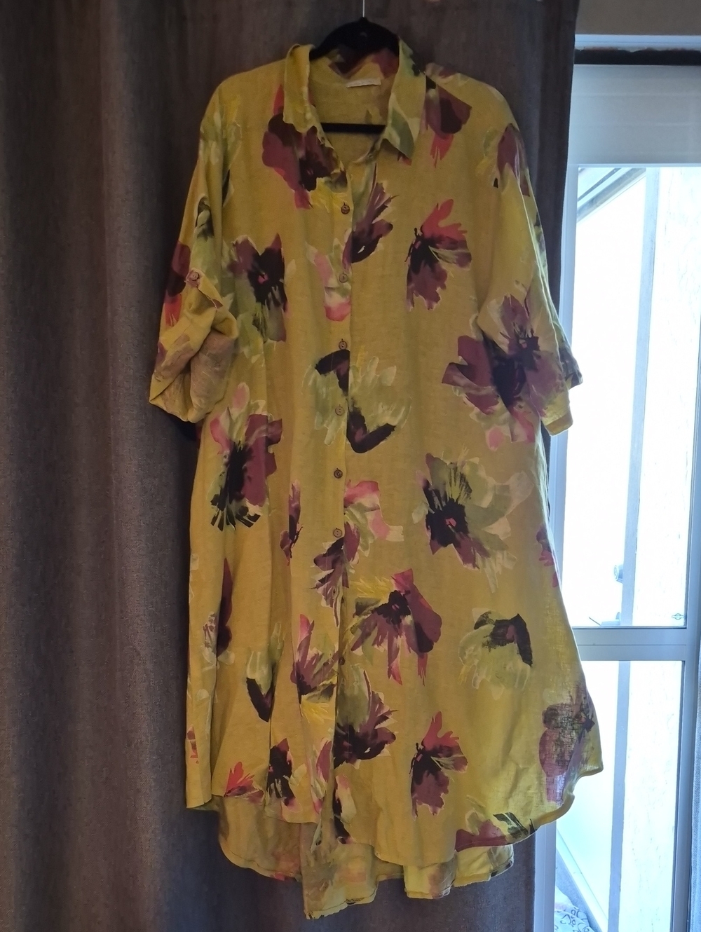 Yellow Floral Button-Up Linen Tunic Dress